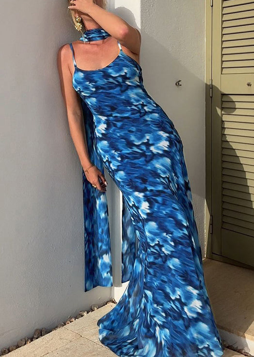 Stylish Blue Print Lace Up Tulle Spaghetti Strap Dress Sleeveless