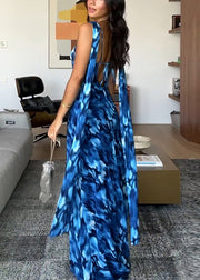 Stylish Blue Print Lace Up Tulle Spaghetti Strap Dress Sleeveless