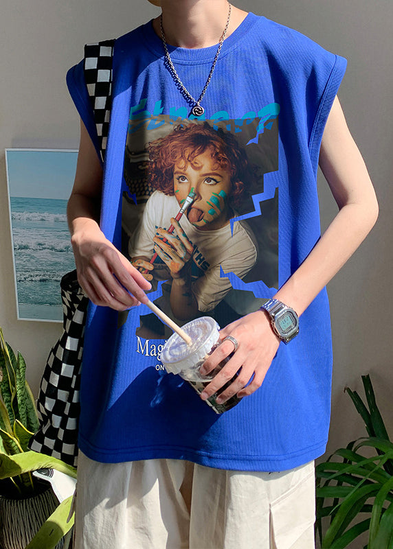 Stylish Blue Print Loose Cotton Mens Tank Sleeveless