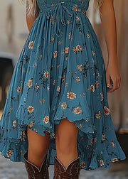 Stylish Blue Print Wrinkled Cotton Spaghetti Strap Dresses Summer