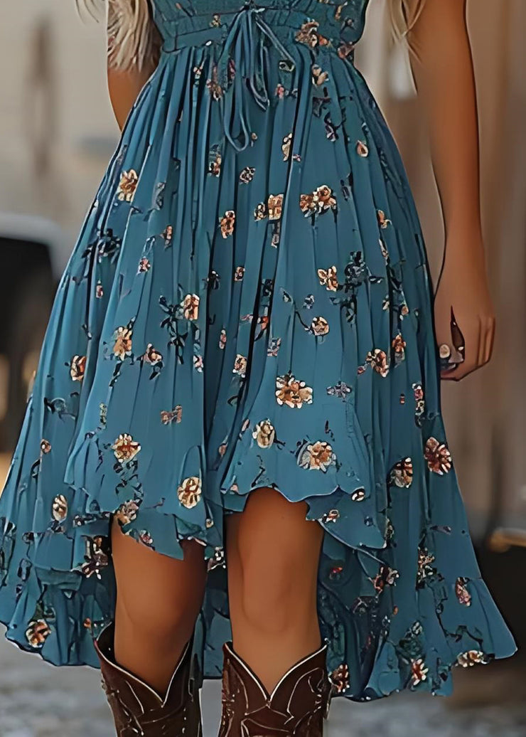 Stylish Blue Print Wrinkled Cotton Spaghetti Strap Dresses Summer