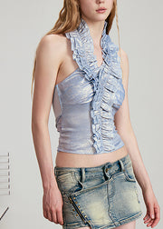 Stylish Blue Ruffled Backless Tulle Patchwork Top Summer