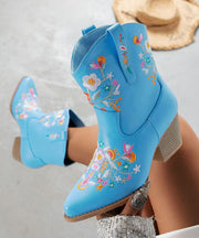 Stylish Blue Solid Chunky Faux Leather Ankle Boots Embossed