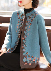 Stylish Blue Stand Collar Button Knitted Cotton Coat Fall