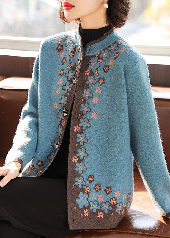 Stylish Blue Stand Collar Button Knitted Cotton Coat Fall