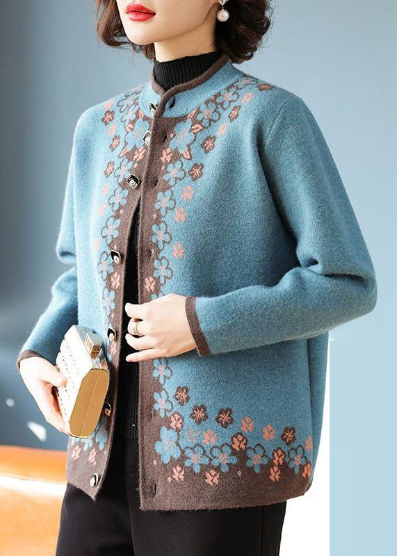 Stylish Blue Stand Collar Button Knitted Cotton Coat Fall
