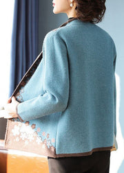 Stylish Blue Stand Collar Button Knitted Cotton Coat Fall