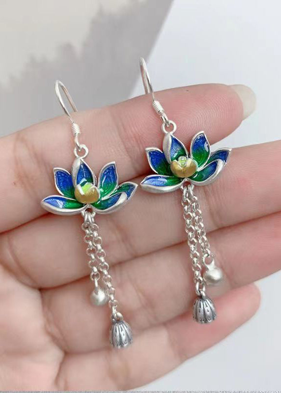 Stylish Blue Steling Silver Enamel Lotus Tassel Drop Earrings