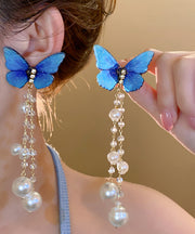 Stylish Blue Sterling Silver Overgild Butterfly Pearl Tassel Drop Earrings