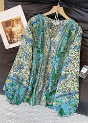 Stylish Blue V Neck Button Print Chiffon Shirt Top Fall