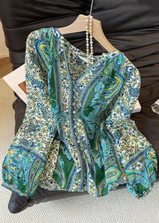 Stylish Blue V Neck Button Print Chiffon Shirt Top Fall