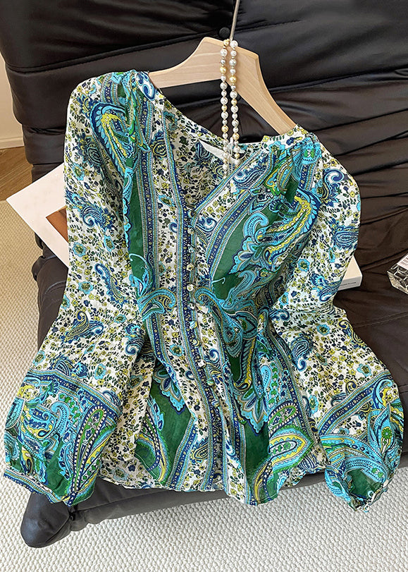 Stylish Blue V Neck Button Print Chiffon Shirt Top Fall
