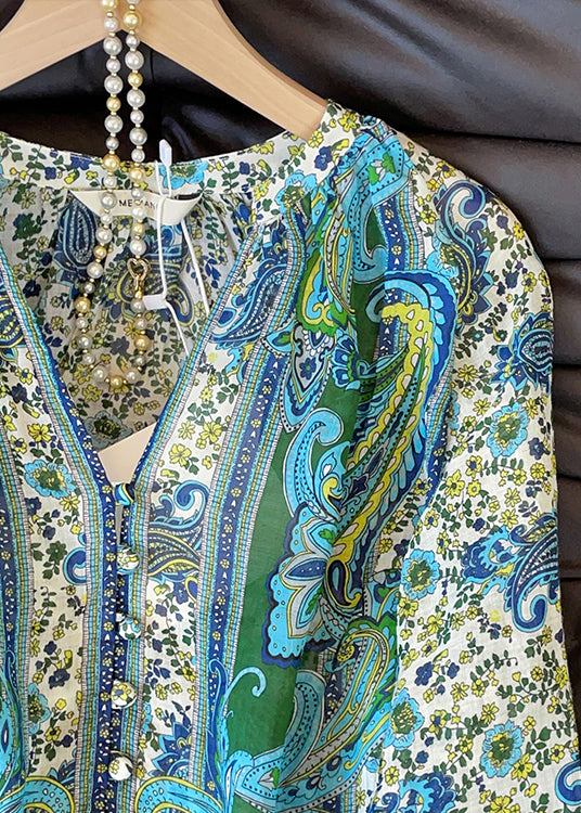 Stylish Blue V Neck Button Print Chiffon Shirt Top Fall