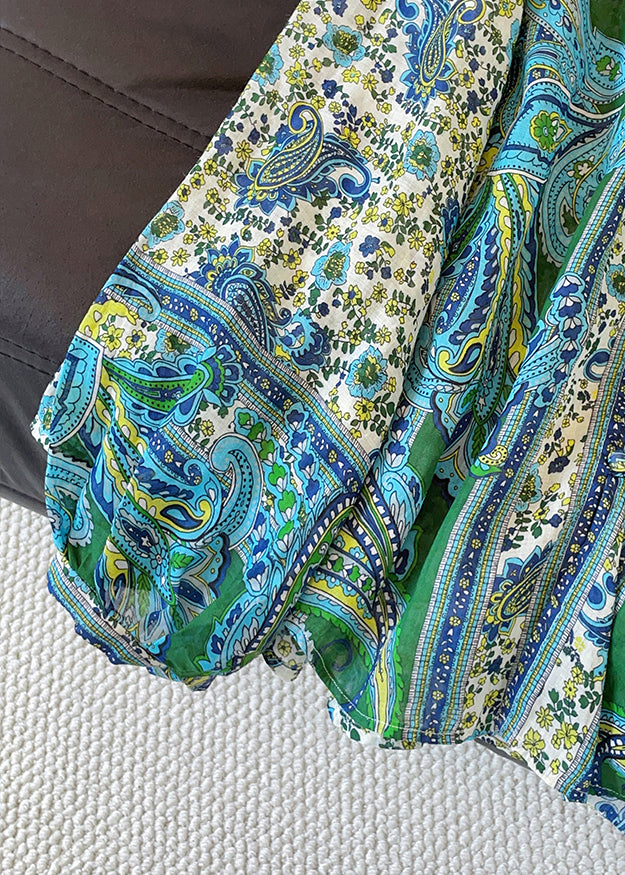 Stylish Blue V Neck Button Print Chiffon Shirt Top Fall