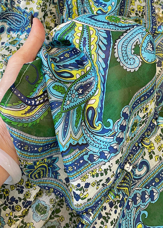 Stylish Blue V Neck Button Print Chiffon Shirt Top Fall