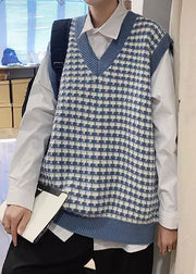 Stylish Blue V Neck Plaid Patchwork Knit Mens Waistcoat Sleeveless