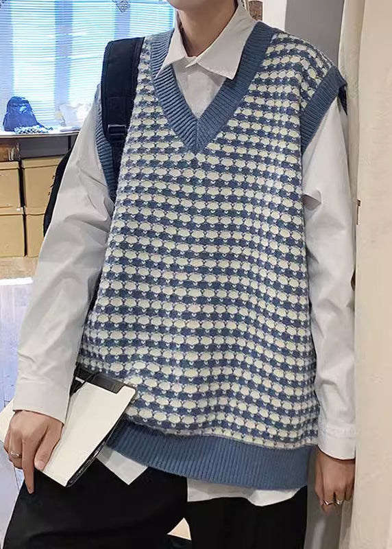 Stylish Blue V Neck Plaid Patchwork Knit Mens Waistcoat Sleeveless