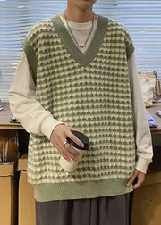 Stylish Blue V Neck Plaid Patchwork Knit Mens Waistcoat Sleeveless