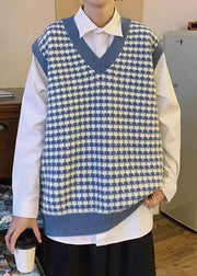 Stylish Blue V Neck Plaid Patchwork Knit Mens Waistcoat Sleeveless