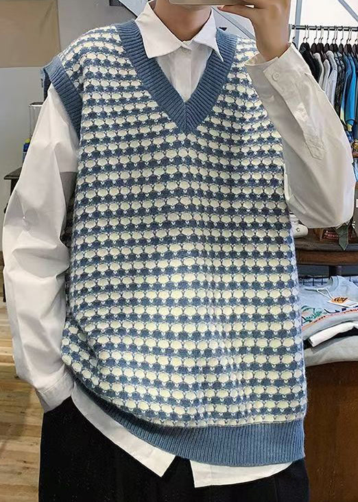 Stylish Blue V Neck Plaid Patchwork Knit Mens Waistcoat Sleeveless
