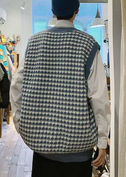 Stylish Blue V Neck Plaid Patchwork Knit Mens Waistcoat Sleeveless