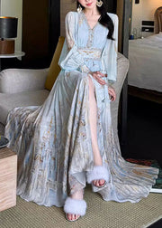 Stylish Blue V Neck Print High Waist Chiffon Maxi Dresses Spring