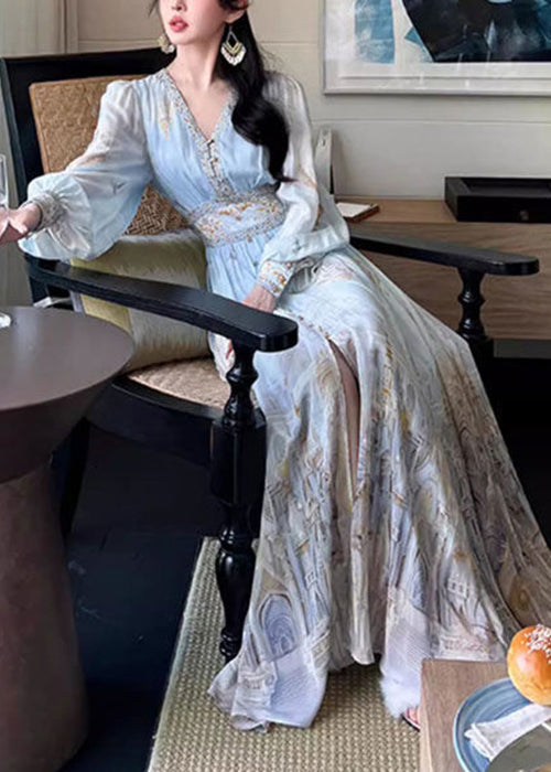 Stylish Blue V Neck Print High Waist Chiffon Maxi Dresses Spring