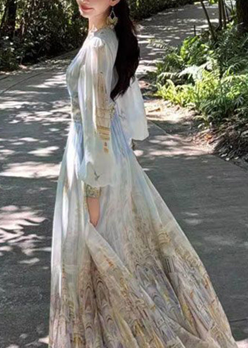 Stylish Blue V Neck Print High Waist Chiffon Maxi Dresses Spring