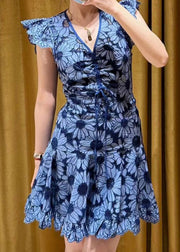 Stylish Blue V Neck Print Lace Up Cotton Mid Dress Summer