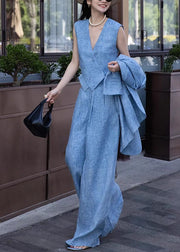 Stylish Blue V Neck Waistcoat And Wide Leg Pants Two-Piece Set Summer