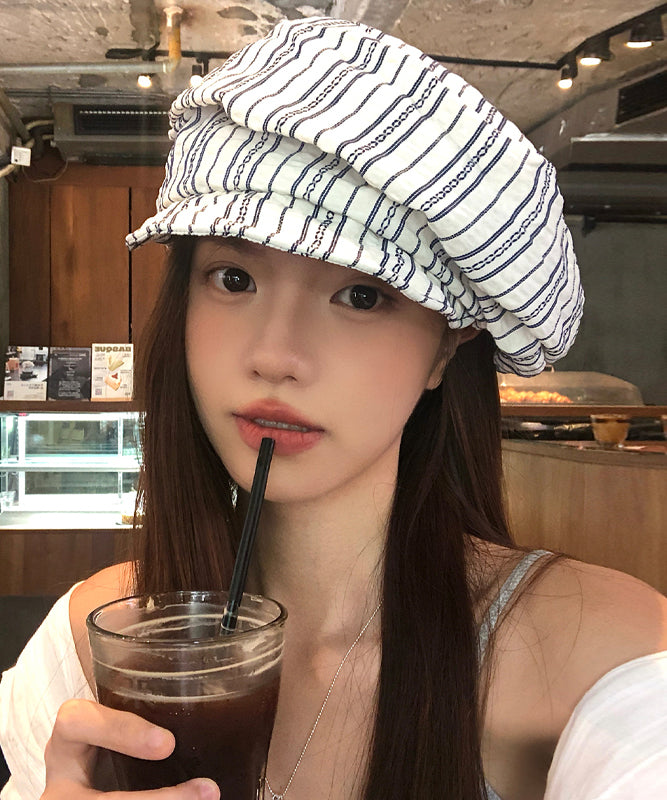 Stylish Blue White Striped Wrinkled Cotton Beret Hat