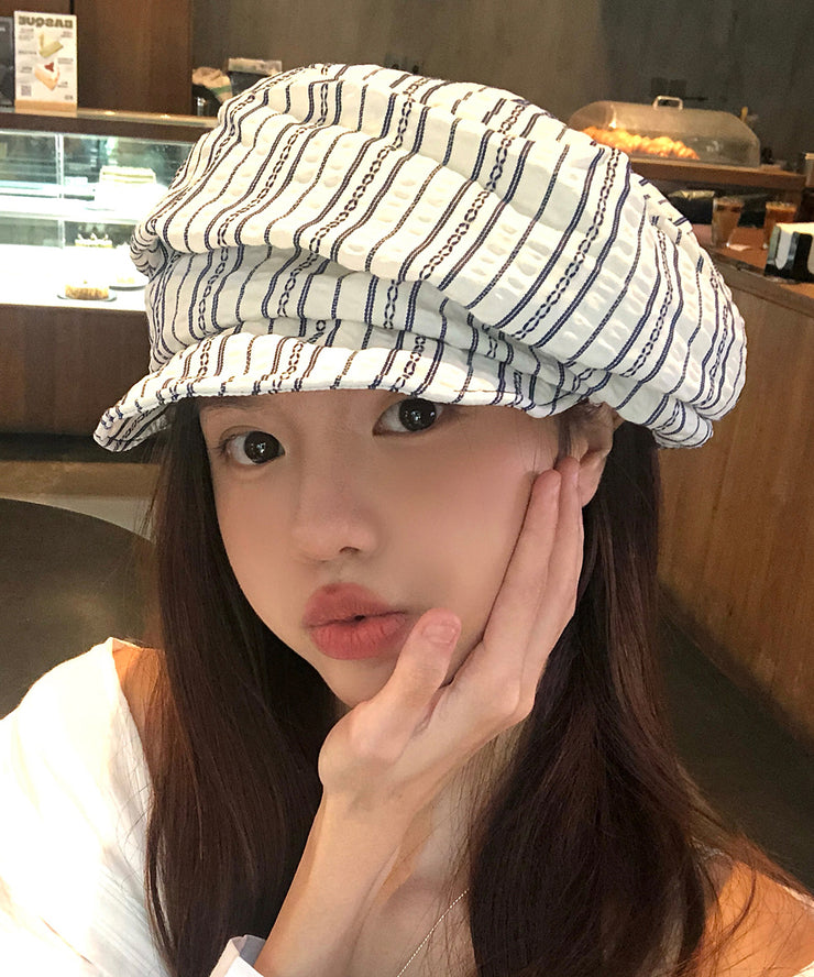 Stylish Blue White Striped Wrinkled Cotton Beret Hat