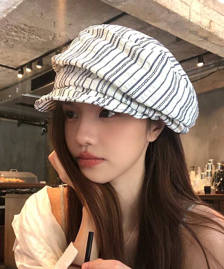 Stylish Blue White Striped Wrinkled Cotton Beret Hat