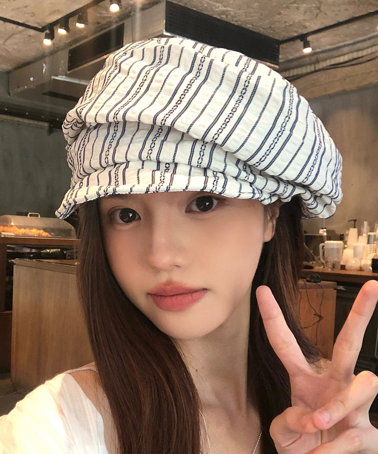Stylish Blue White Striped Wrinkled Cotton Beret Hat