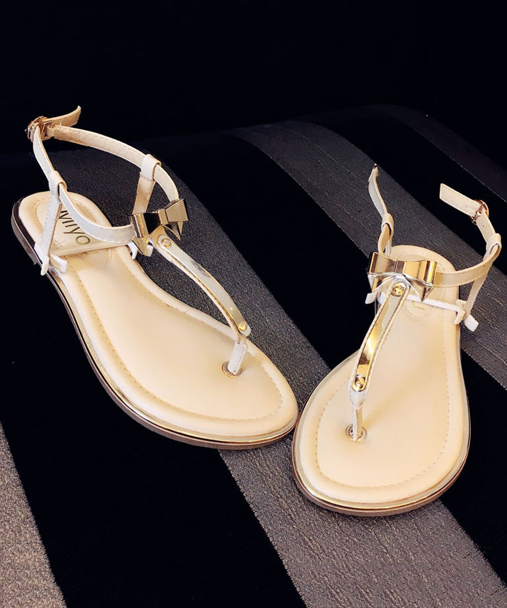 Stylish Bow Splicing Flip Flops Beige Faux Leather