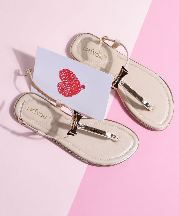 Stylish Bow Splicing Flip Flops Beige Faux Leather