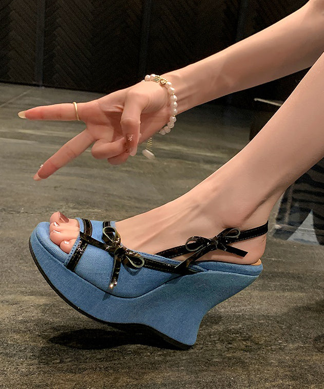 Stylish Bow Splicing Wedge Sandals Blue Denim Fabric
