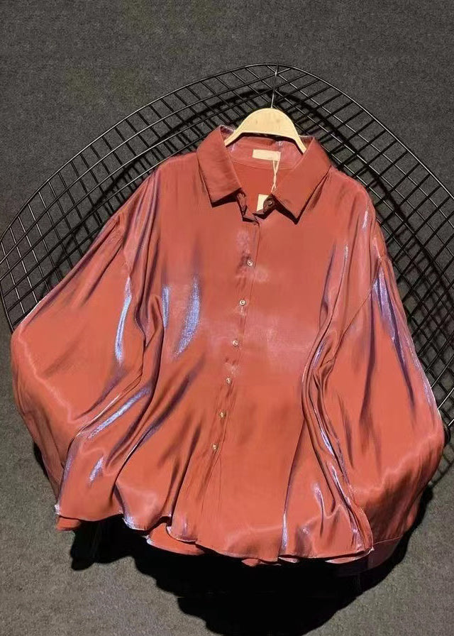 Stylish Brick Red Peter Pan Collar Button Silk Shirts Fall