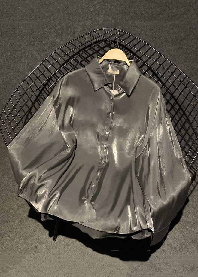 Stylish Brick Red Peter Pan Collar Button Silk Shirts Fall