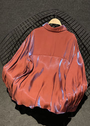 Stylish Brick Red Peter Pan Collar Button Silk Shirts Fall