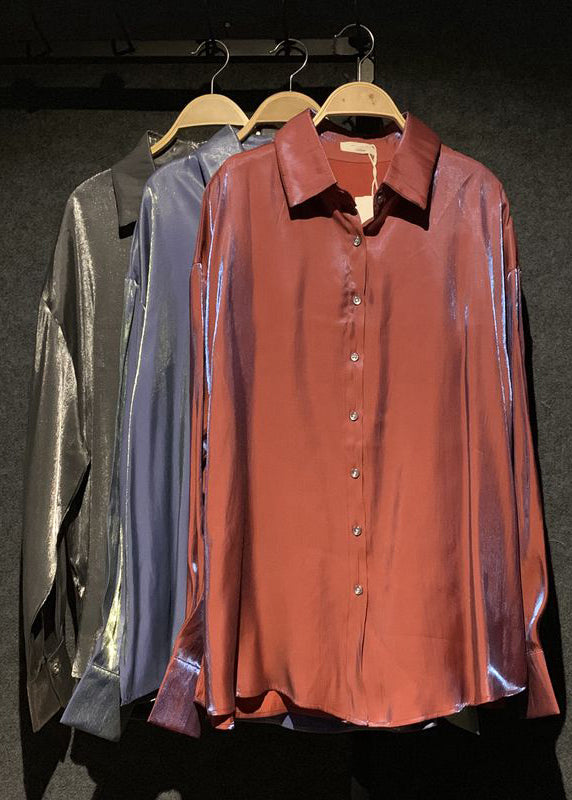 Stylish Brick Red Peter Pan Collar Button Silk Shirts Fall