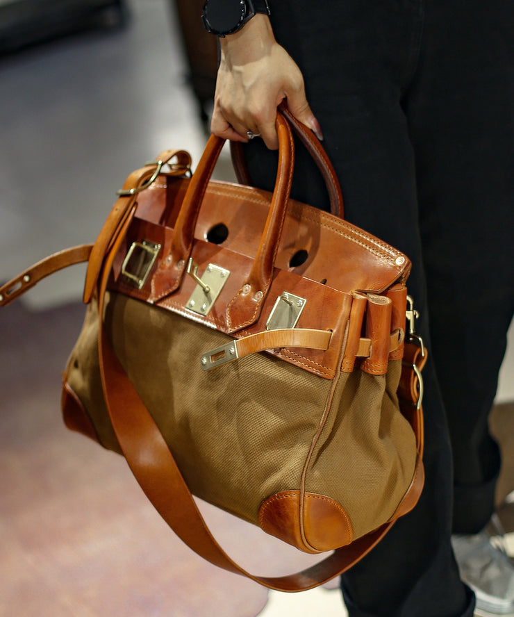 Stylish Brown Canvas-linen Patchwork Durable Leather Tote Handbag
