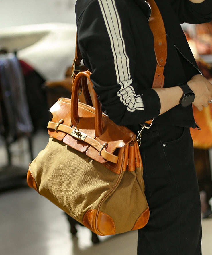 Stylish Brown Canvas-linen Patchwork Durable Leather Tote Handbag