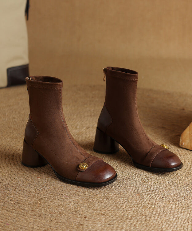 Stylish Brown Cowhide Leather Splicing Chunky Suede Boots