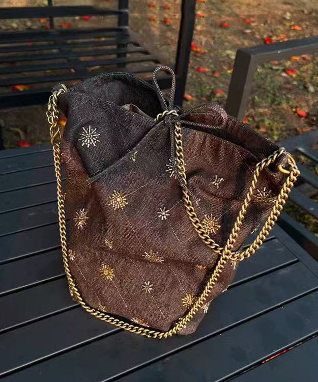 Stylish Brown Embroidered Large Capacity Cotton Clutch Bag