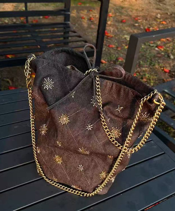 Stylish Brown Embroidered Large Capacity Cotton Clutch Bag