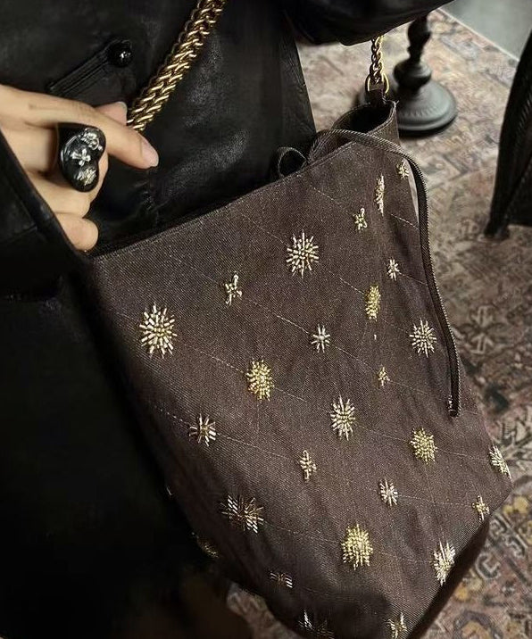 Stylish Brown Embroidered Large Capacity Cotton Clutch Bag