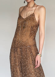 Stylish Brown Lace Up Tulle Spaghetti Strap Dress Summer