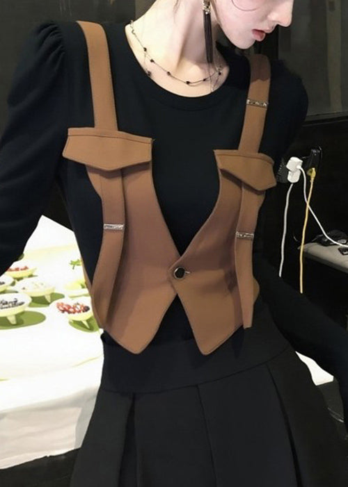 Stylish Brown O Neck False Two Pieces Patchwork Cotton T Shirt Fall