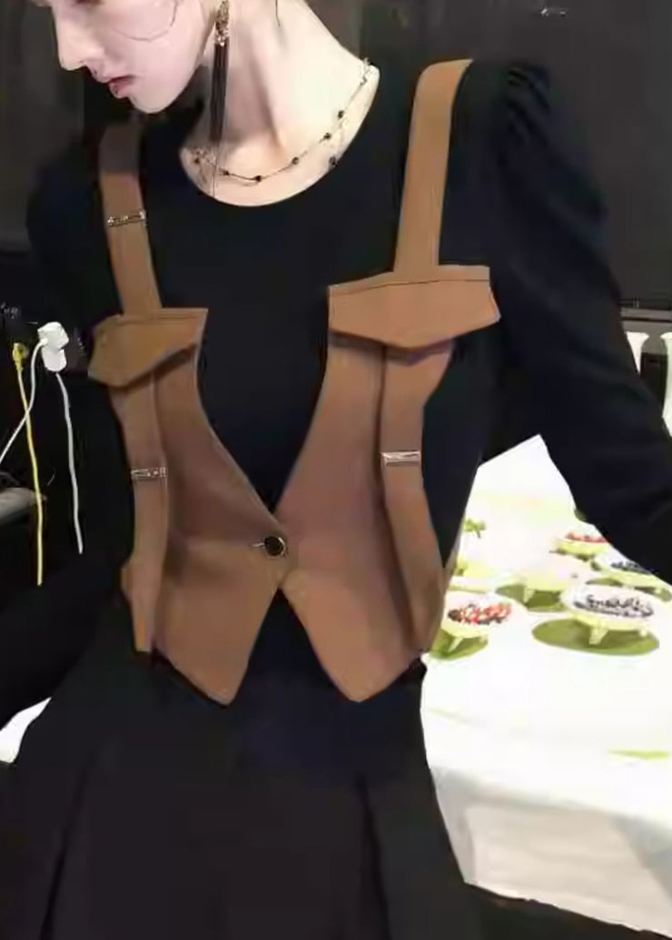 Stylish Brown O Neck False Two Pieces Patchwork Cotton T Shirt Fall